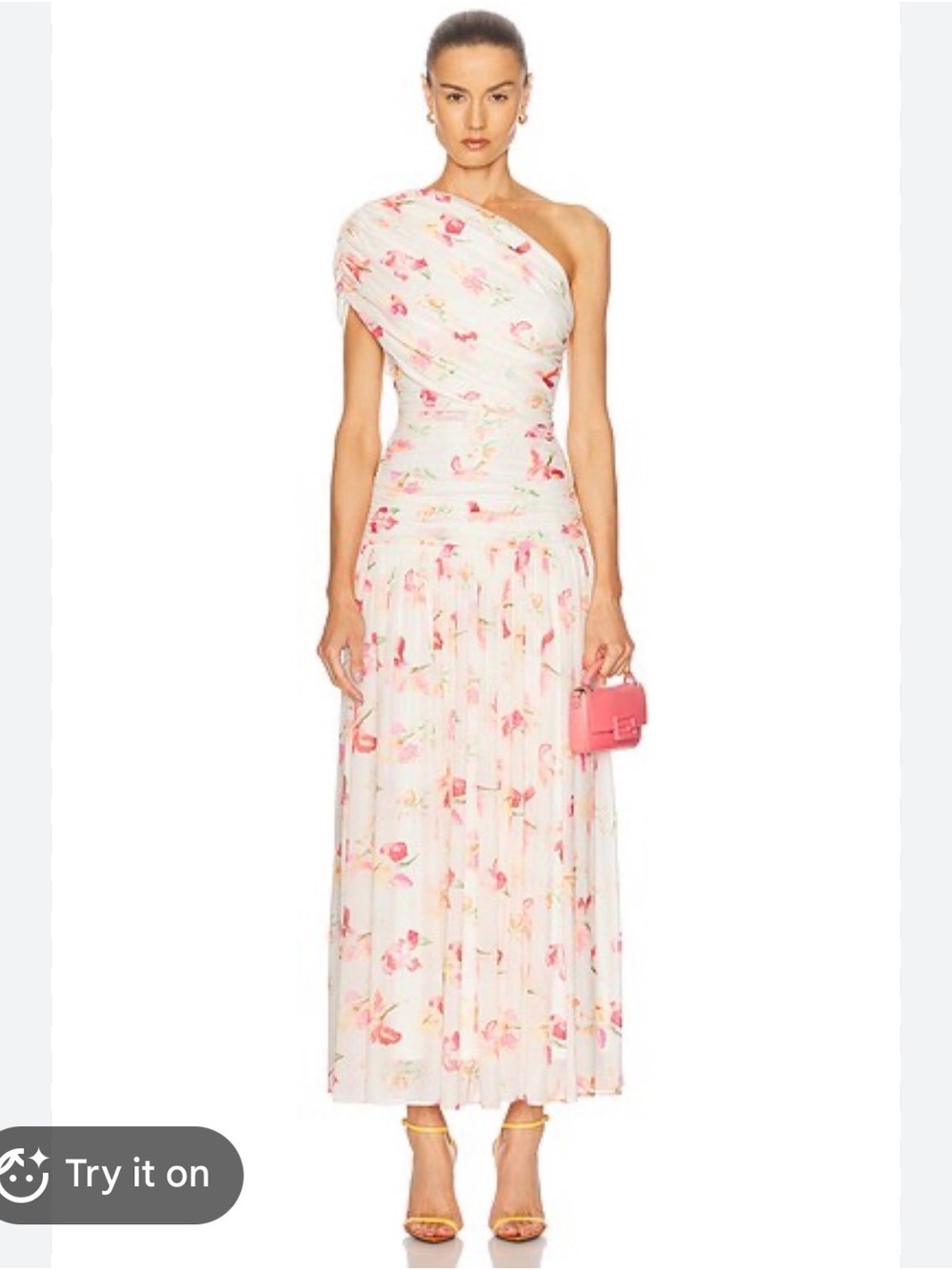 NICHOLAS One-Shoulder White Dress with Pink Floral Print - Picture 1 of 7
